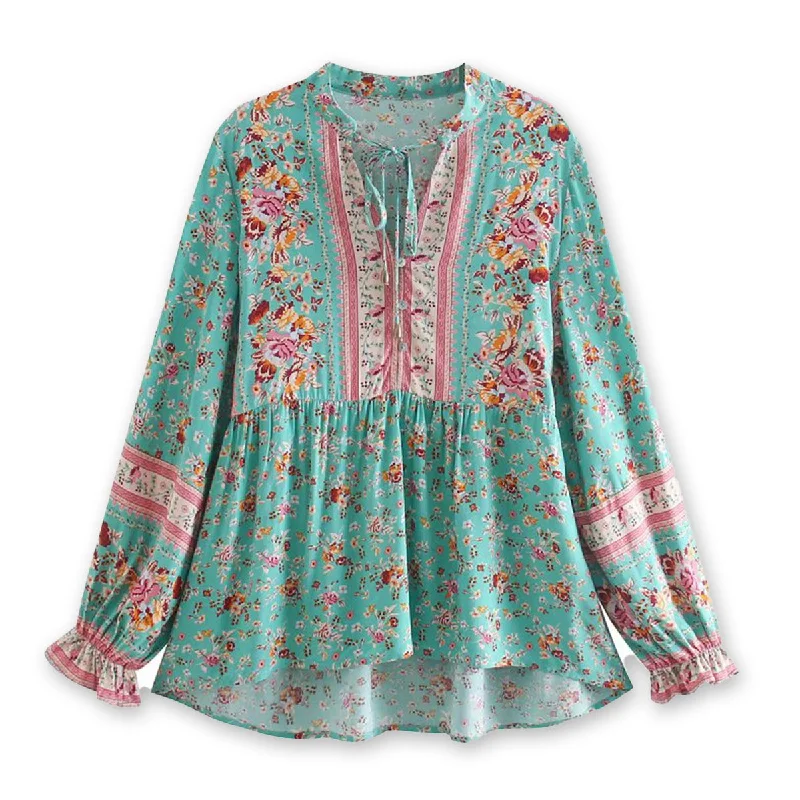 Sweet Mint Boho Floral Print Long Sleeve Blouse