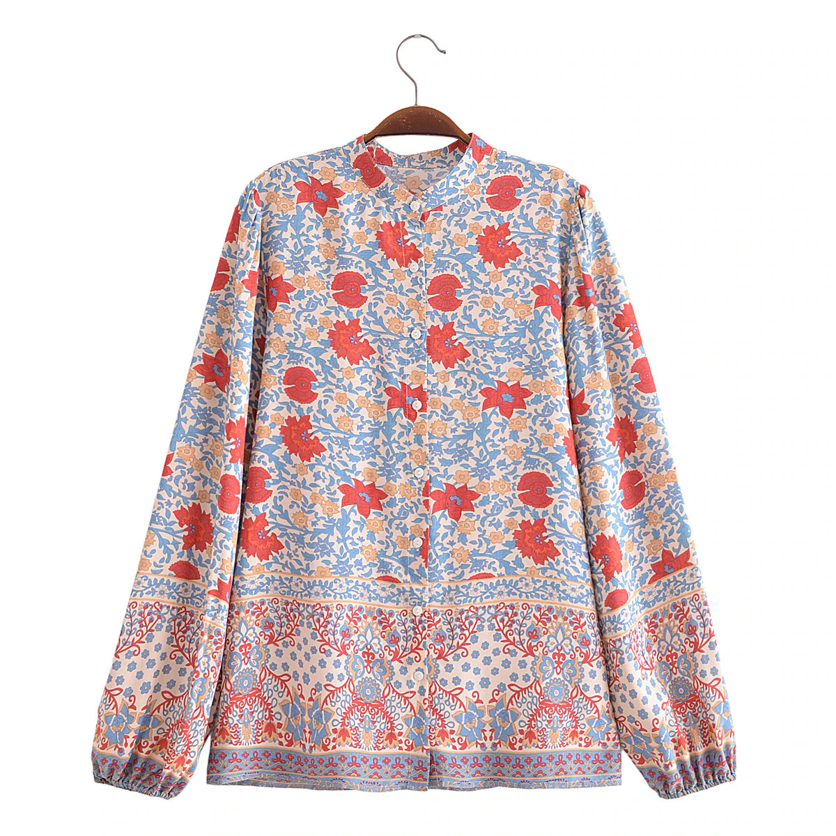 Tranquil Blue Boho Floral Print Long Sleeve Blouse