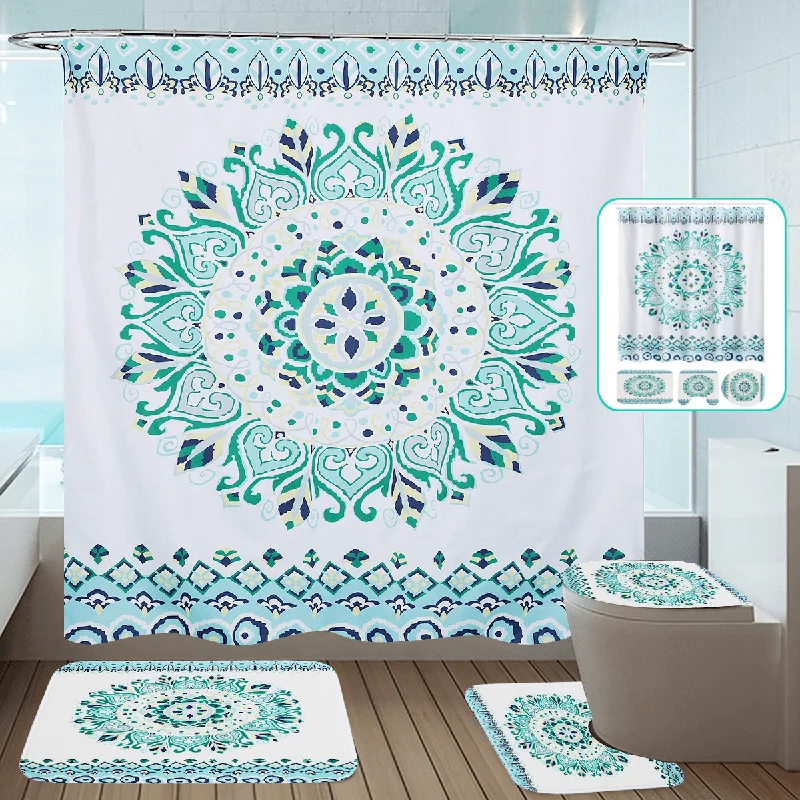 Mandala Waterproof Shower Curtain Non-Slip Rug Toilet Cover Bath Mat Set for Home Bathroom Decor