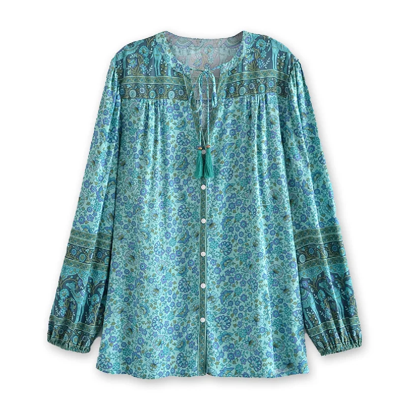 Calypso Blue Camel Boho Floral Print Long Sleeve Blouse