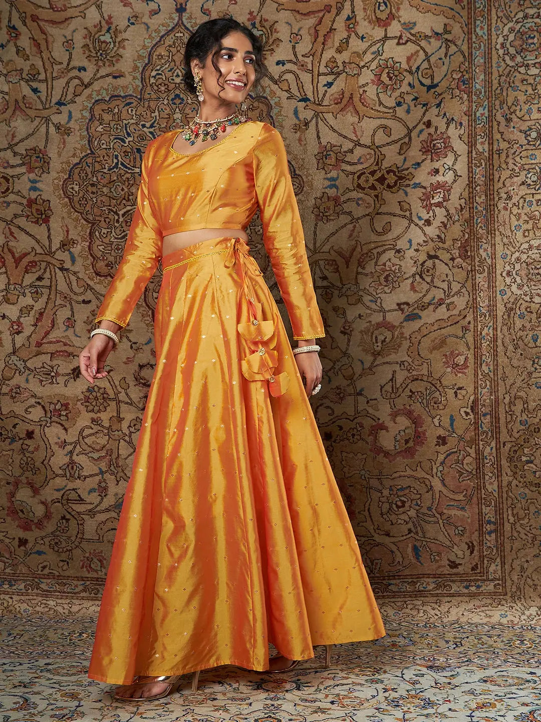 Women Mustard Jacquard Crop Top With Anarkali Skirt