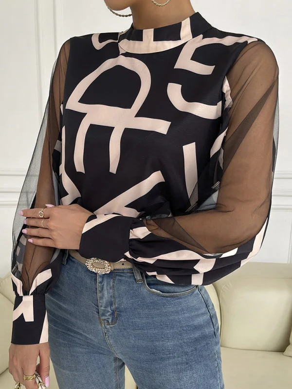 Letter Print Spliced Mesh Long Sleeve Blouse - Top