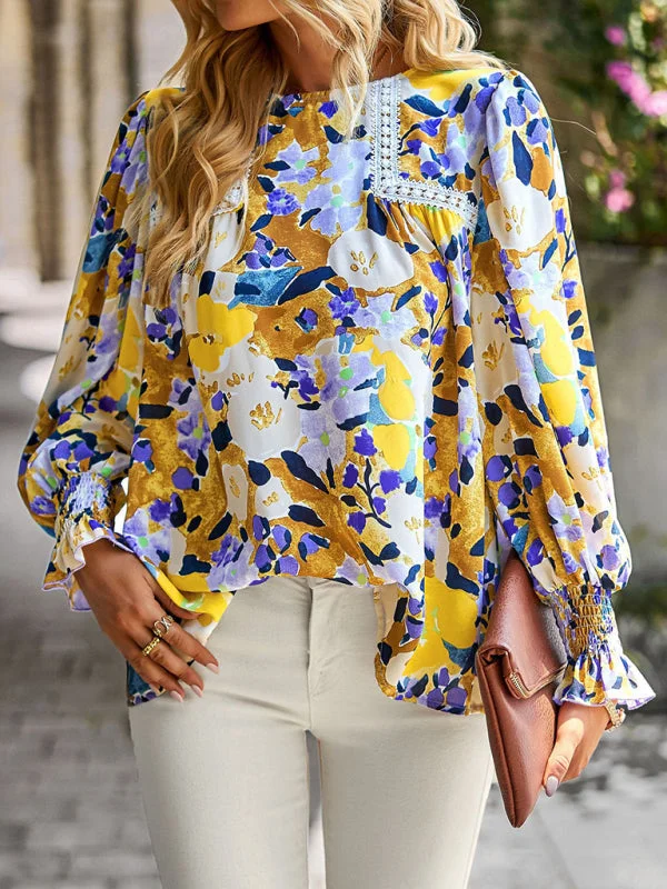 Floral Beauty: Tunic Top with Long Sleeves and Charming Ruffle Cuffs