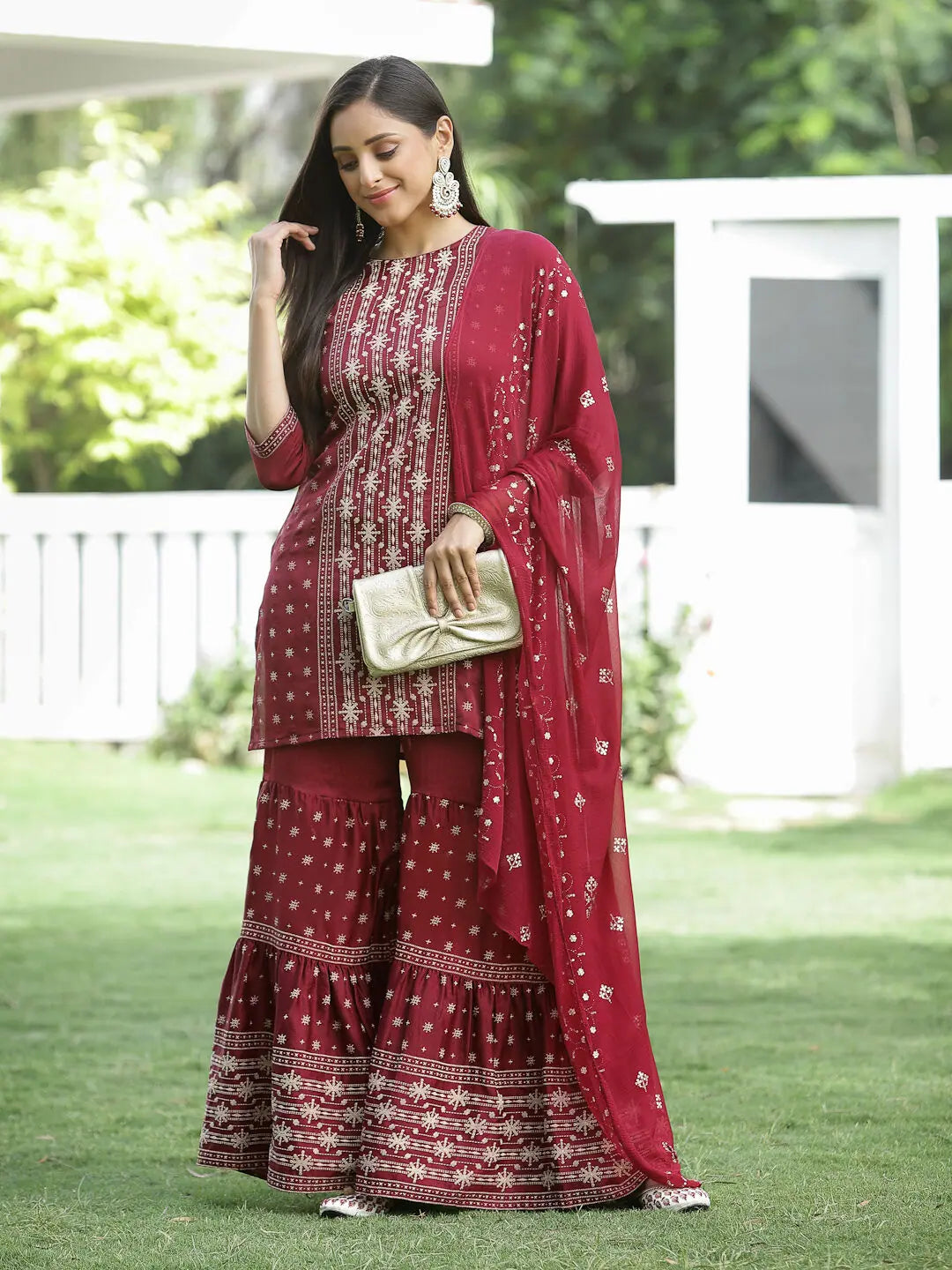 Juniper Maroon Mono Viscose Festive Wear Printed Straight Kurta Sharara Dupatta Set