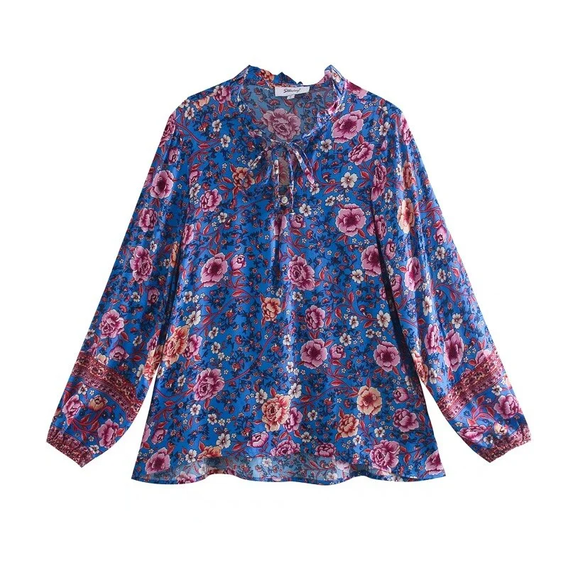 Blue Gypsy Rose Boho Floral Print Long Sleeve Blouse