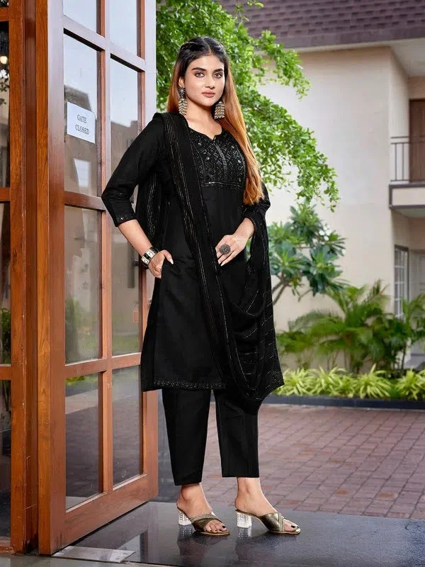 Navyaa Women's Cotton Blend Embroidered Straight Kurta Pant With Dupatta-Me204-mgblack-skd