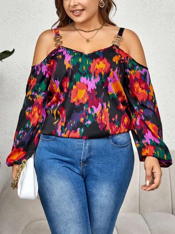 Curvy Abstract Print Cold Shoulder Top -  Long Sleeve Blouse