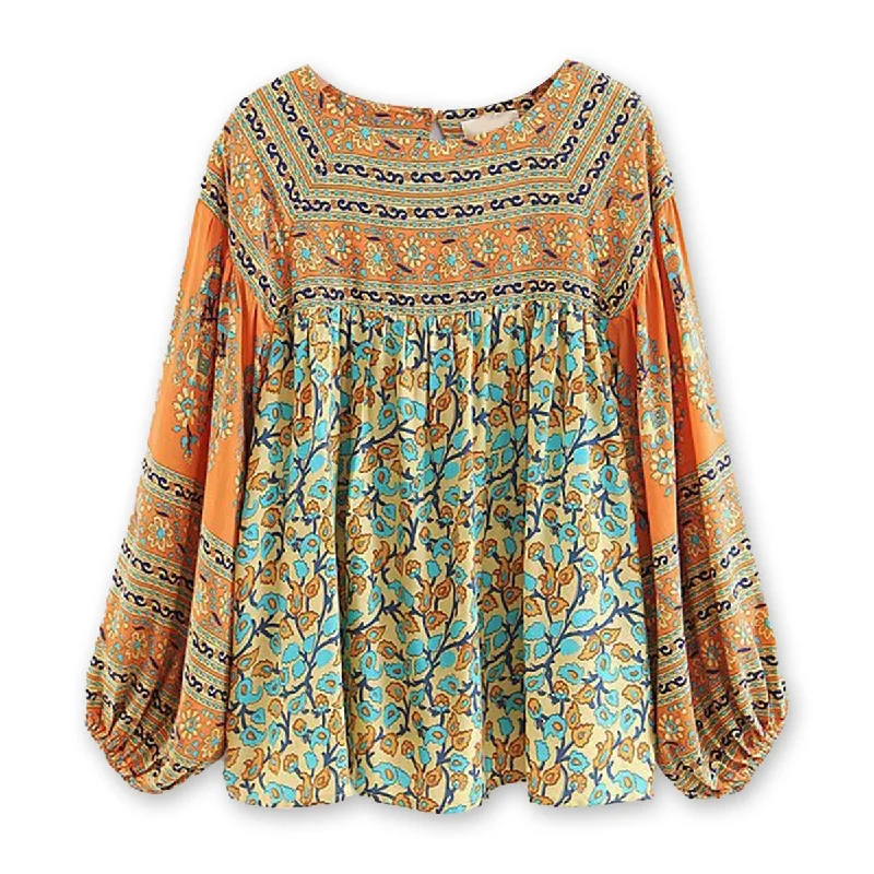 Tuscan Sun Boho Floral Print Long Sleeve Blouse