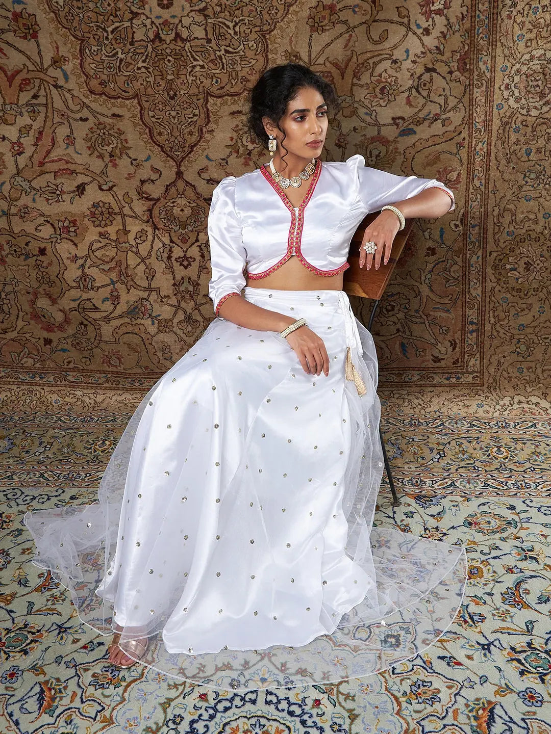 Women White Satin Top With Tulle Aanrkali Skirt