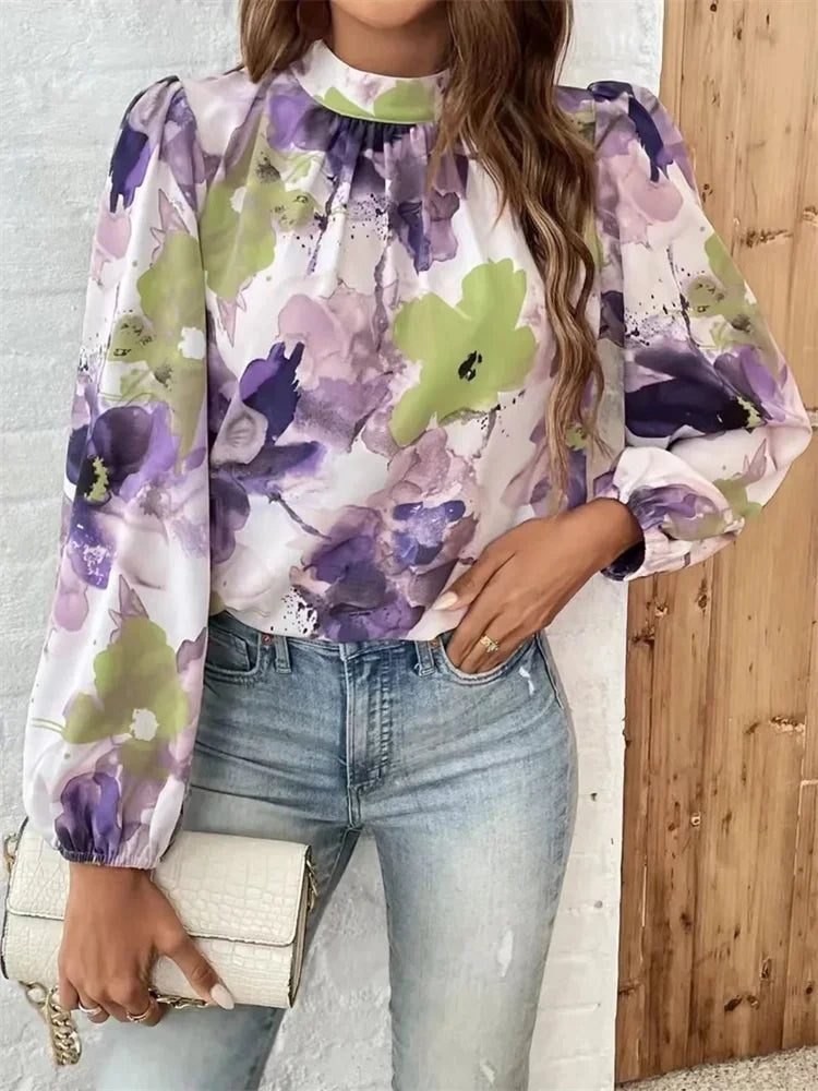 Watercolor Floral Blouse with Long Sleeves