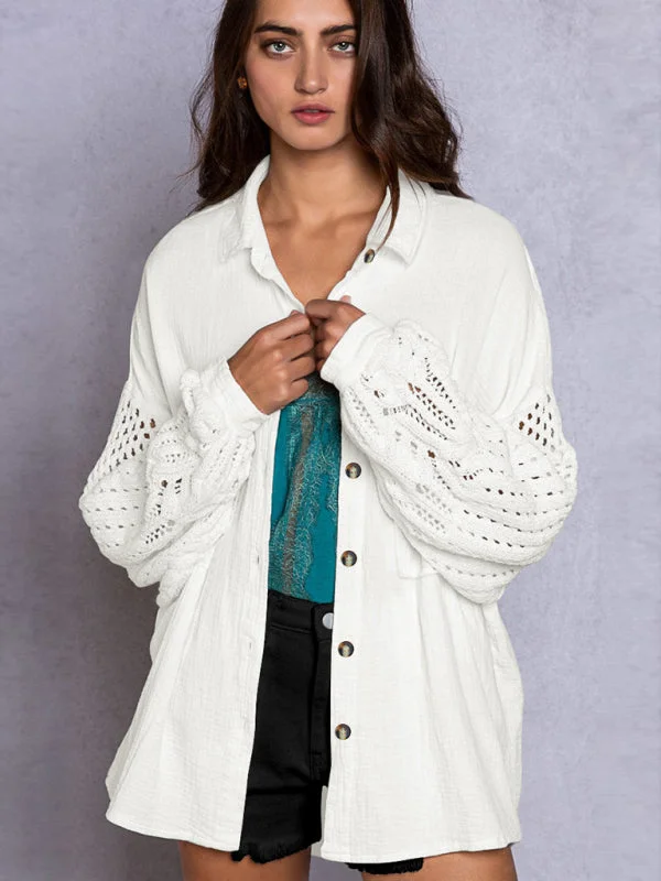 Textured Oversized Shirt with Drop Shoulder and Patchwork Knit Long Sleeves