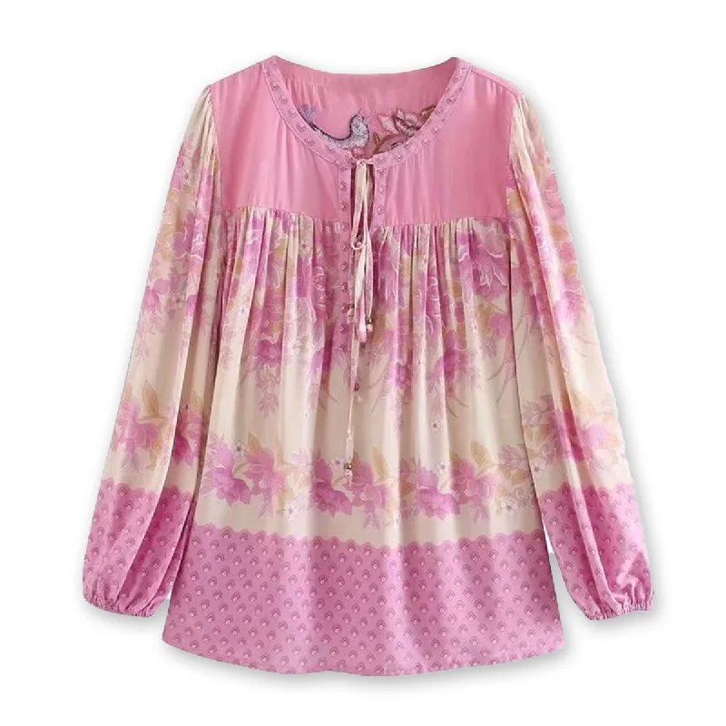 Pink Lovebird Boho Floral Print Long Sleeve Blouse