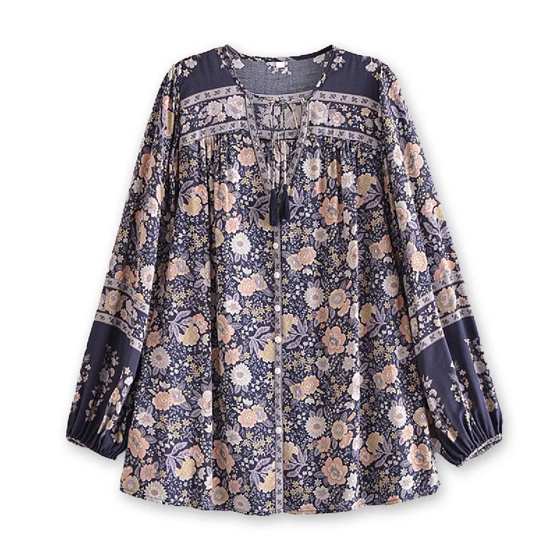 Midnight Blue Boho Floral Print Long Sleeve Blouse