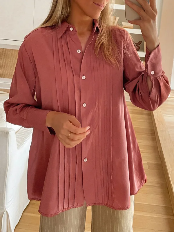 Classic Pleated Loose-Fit Long Sleeve Shirt