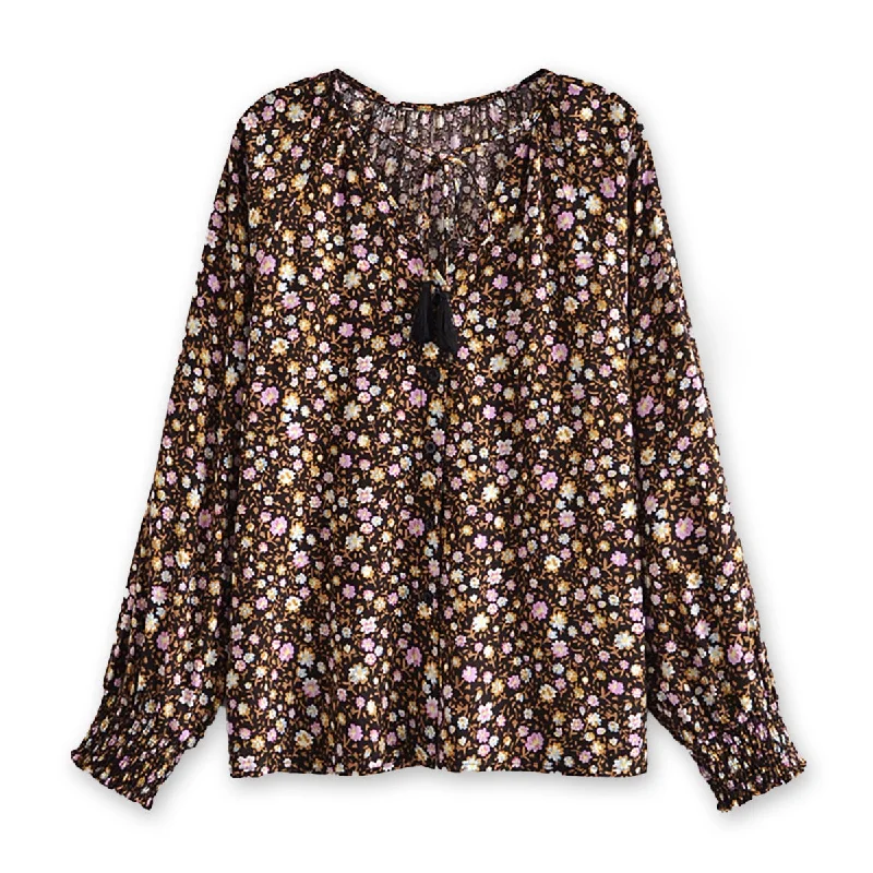 Wild Lavender Boho Floral Print Long Sleeve Blouse