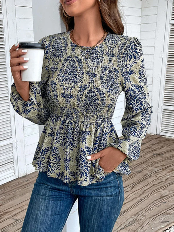 Smocked Bodice Long Sleeve Blouse in Floral Print | Peplum Top