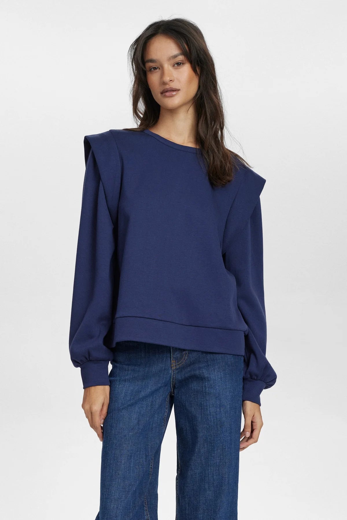 Numph Nufilla Navy High Shoulder Long Sleeve Blouse