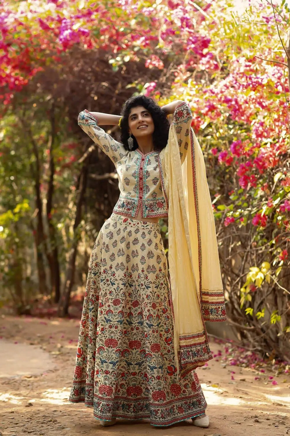 Juniper Beige Cambric Printed Lehenga Choli Dupatta Set