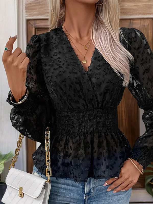 Sheer Lace Black Peplum Blouse with Long Sleeves