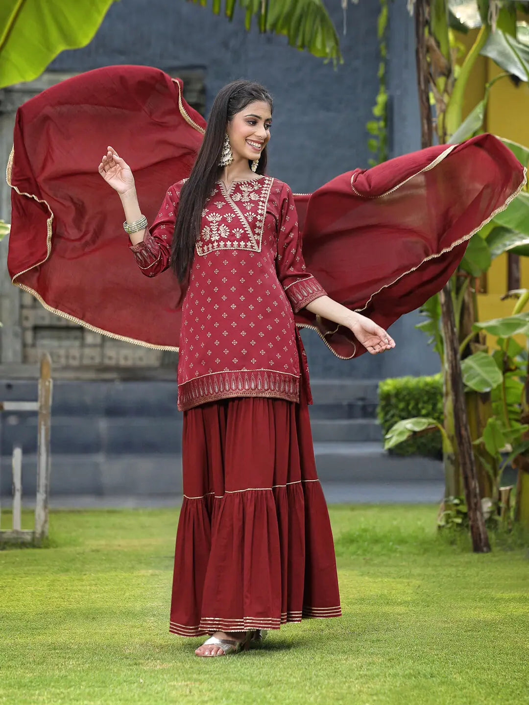 Juniper Maroon Satin Slub Festive Embroidered Printed Straight Kurta Skirt Dupatta Set