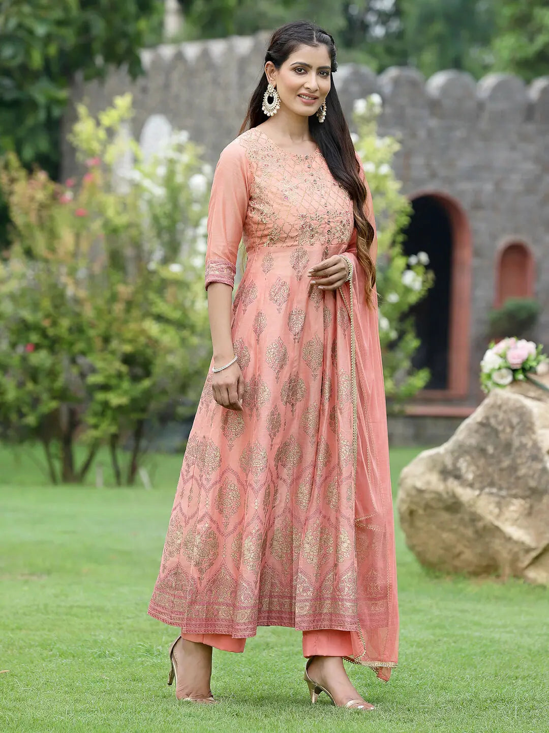 Juniper Peach Chanderi Festive Embroidered Floral Print Flared Kurta Set