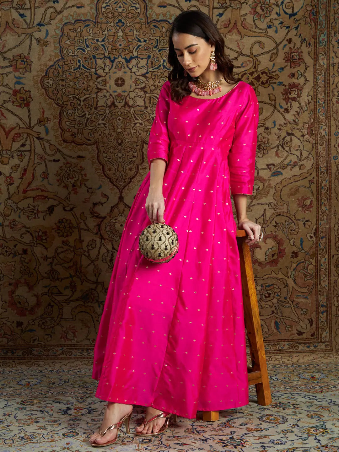 Women Fuchsia Jacquard Anarkali Maxi Dress