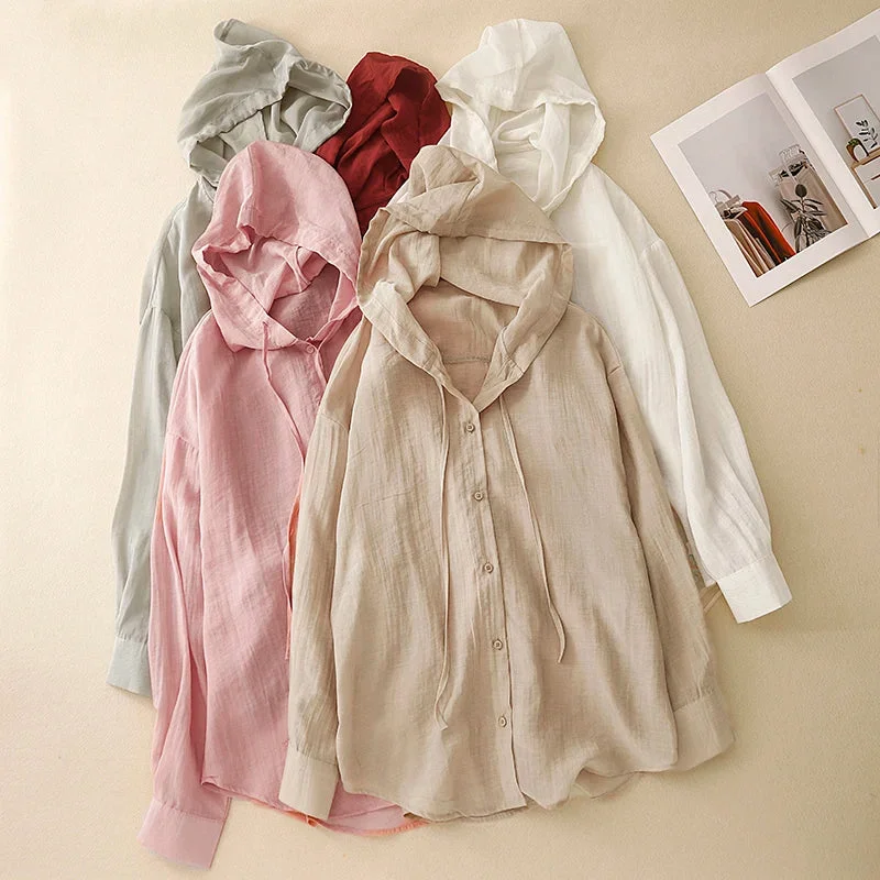 Textured Hooded Loose Long Sleeve Shirt