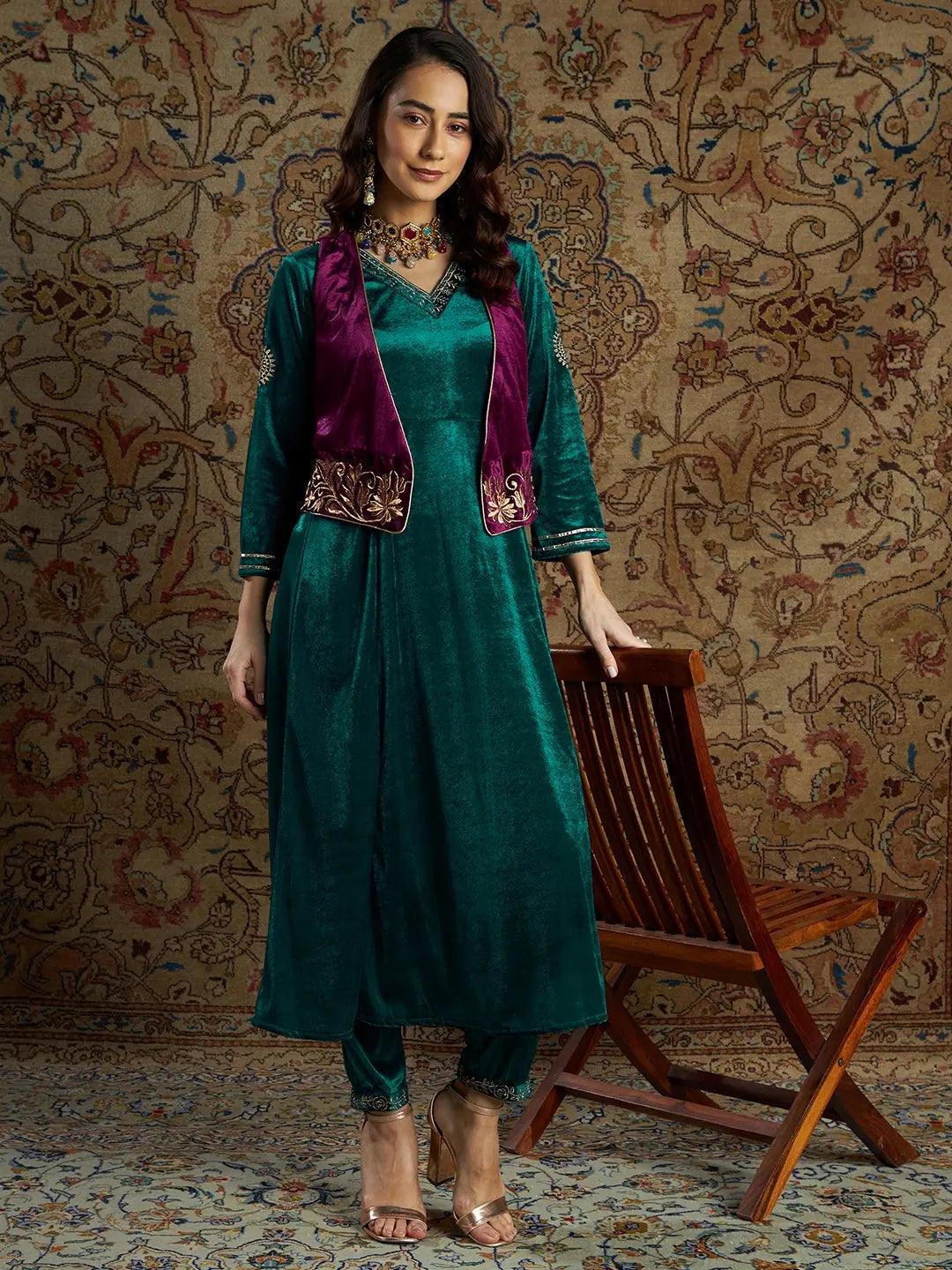 Women Emerald Velvet Kali Kurta Set With Burgundy WaistCoat