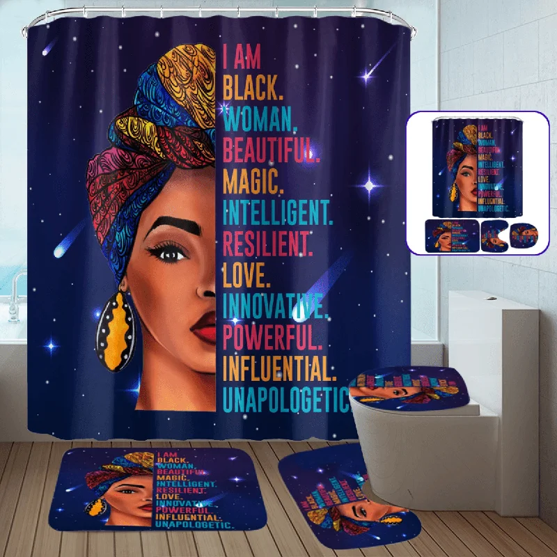 African Woman Waterproof Shower Curtain Non-Slip Bathroom Toilet Cover Mat Set