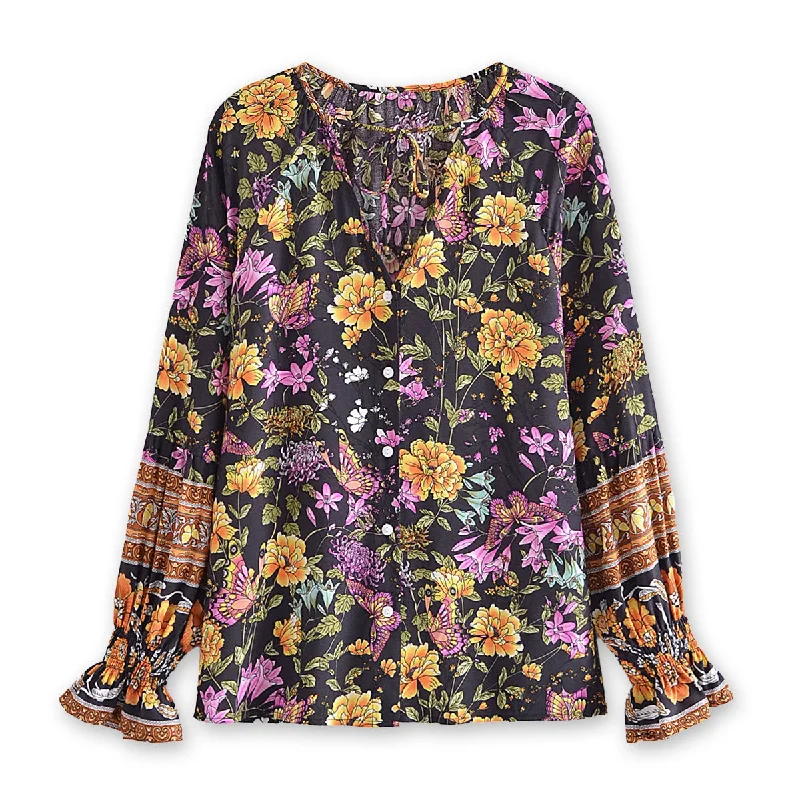 Dark Butterfly Boho Floral Print Long Sleeve Blouse