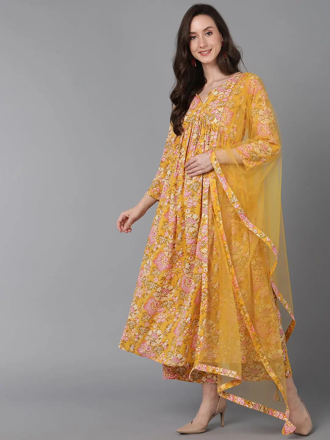 Ahika Women Yellow Pure Cotton Floral Printed Kurta Palazzos With Dupatta