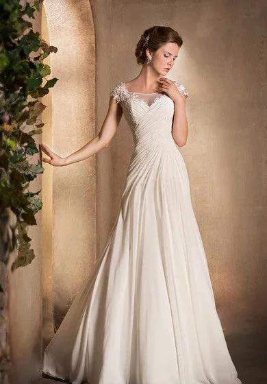 Scoop-Neck Cap-Sleeve Chiffon Dress With Ruching And Appliques