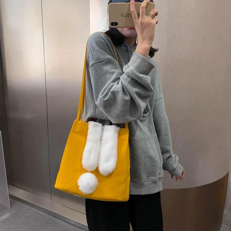 New Fashion Women Canvas Handbags Cute Cartoon Rabbit Plush Girls Shoulder Bag Large Capacity Tote Bag