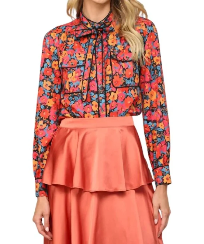 Bow Tie Blouse - Plus In Multi-Colored