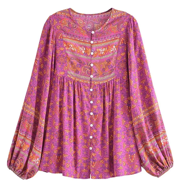 Forever Fuchsia Boho Floral Print Long Sleeve Blouse