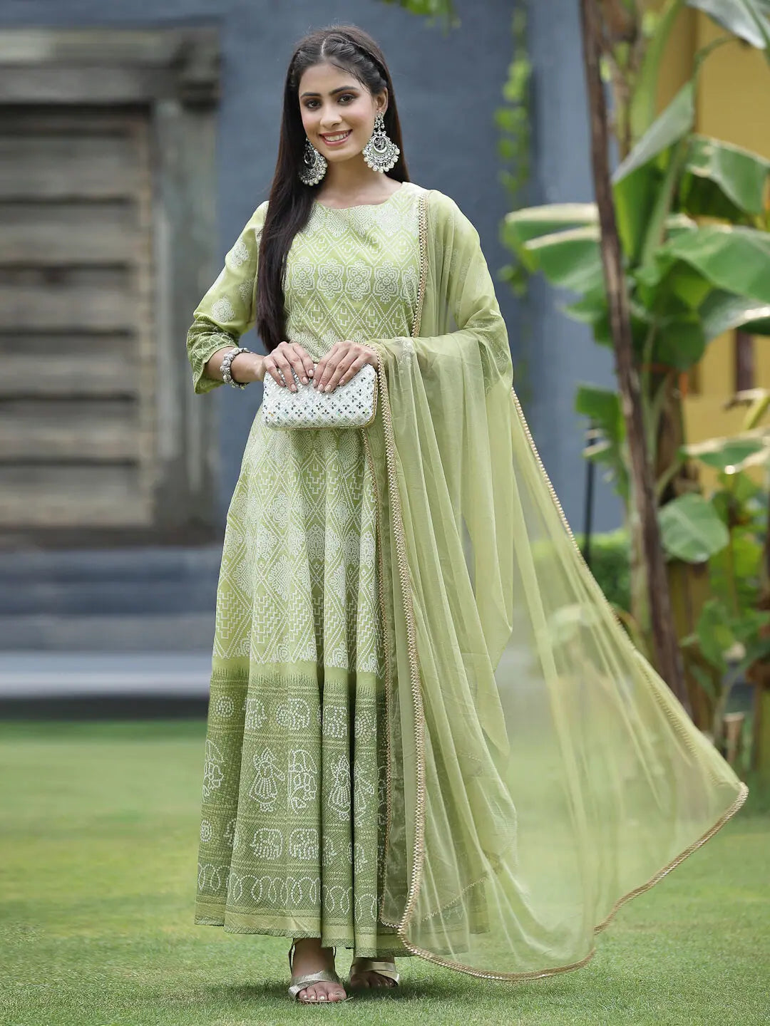 Juniper Green Santoon Slub Festive Foil Print Straight Lehnga Choli Set For Women