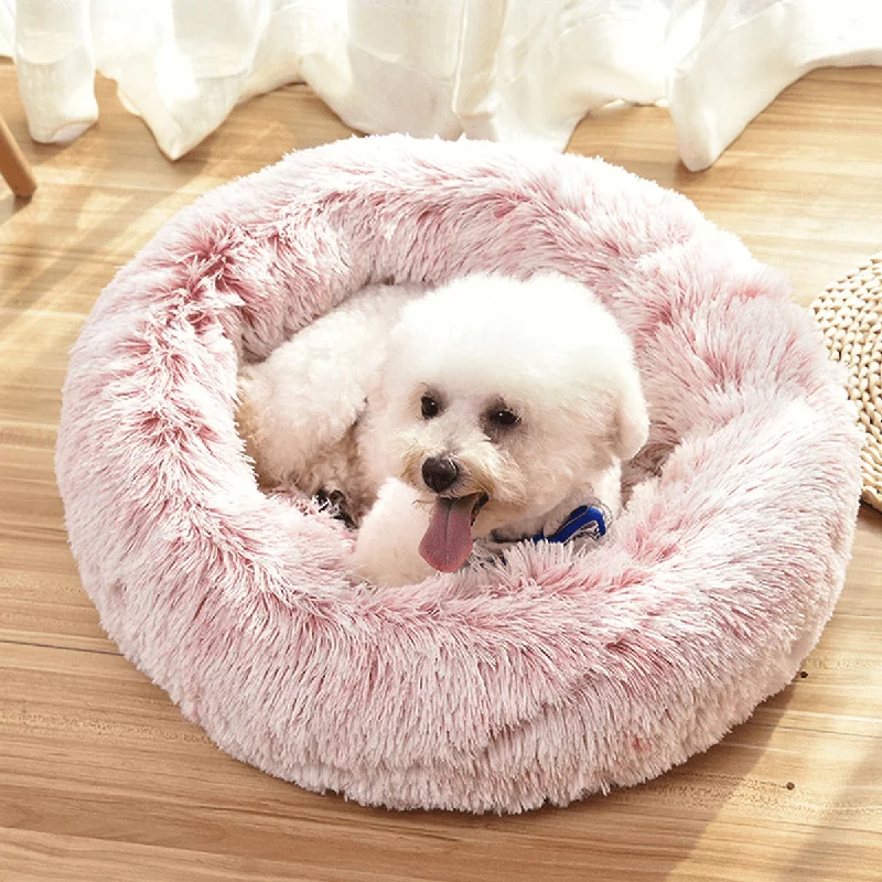 Pet Dog Cat Calming Bed round Nest Warm Soft Plush Sleeping Bed Donut Cushion