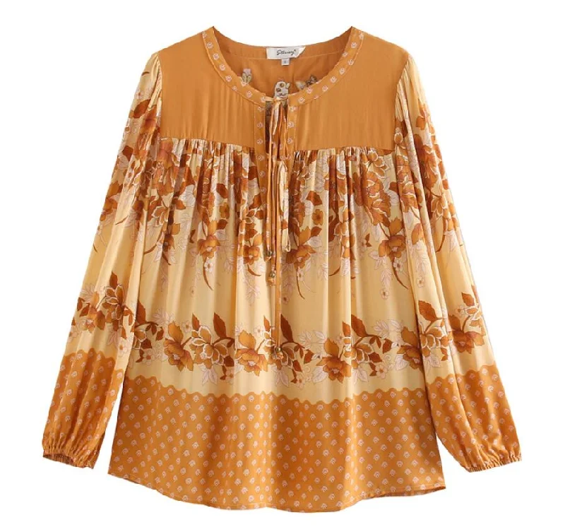 Gold Lovebird Boho Floral Print Long Sleeve Blouse