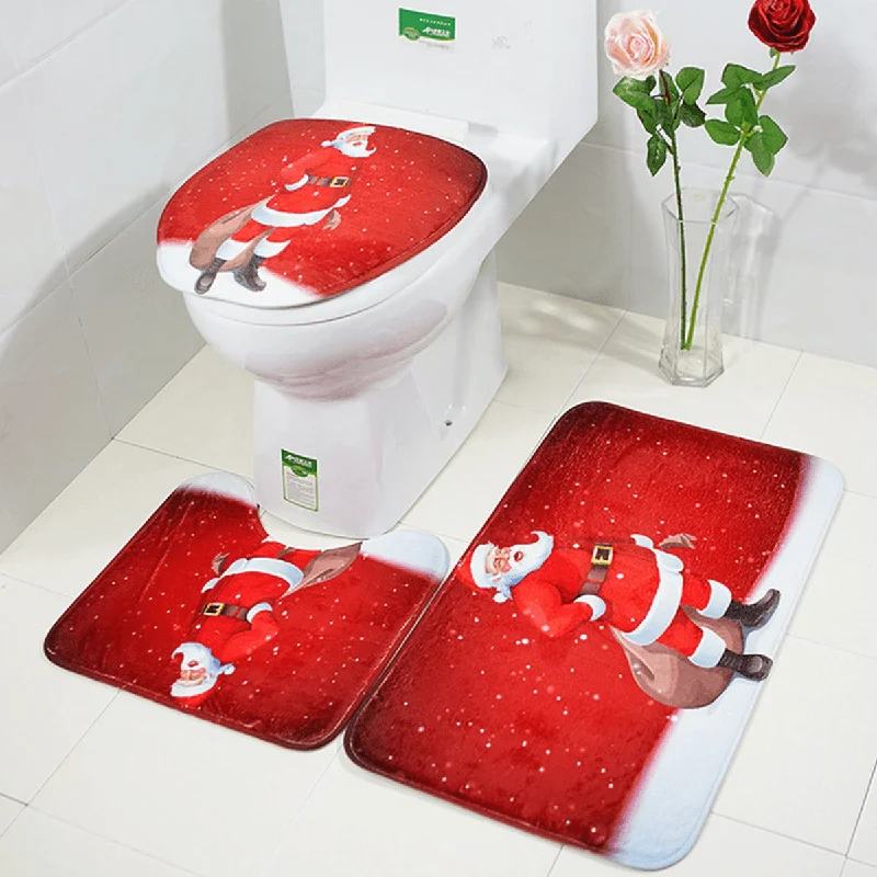 3PCS Christmas Snowman Toilet Mat Set Non-Slip Waterproof Bathroom Door Mat Set