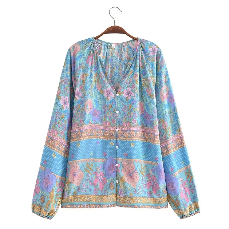 Blue Hibiscus Boho Floral Print Long Sleeve Blouse