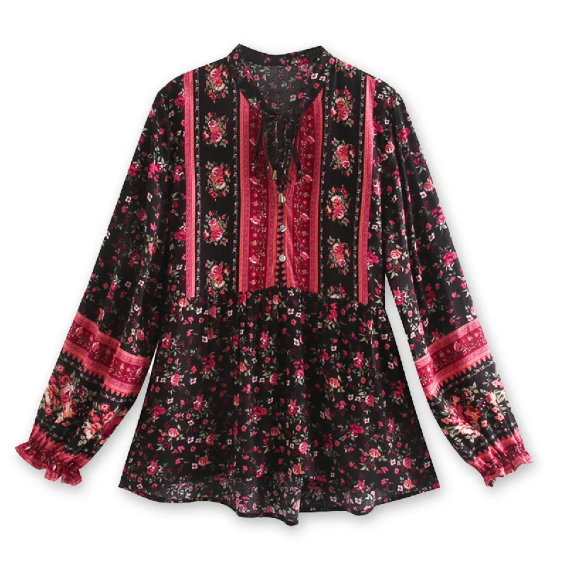 Black Rose Boho Floral Print Long Sleeve Blouse