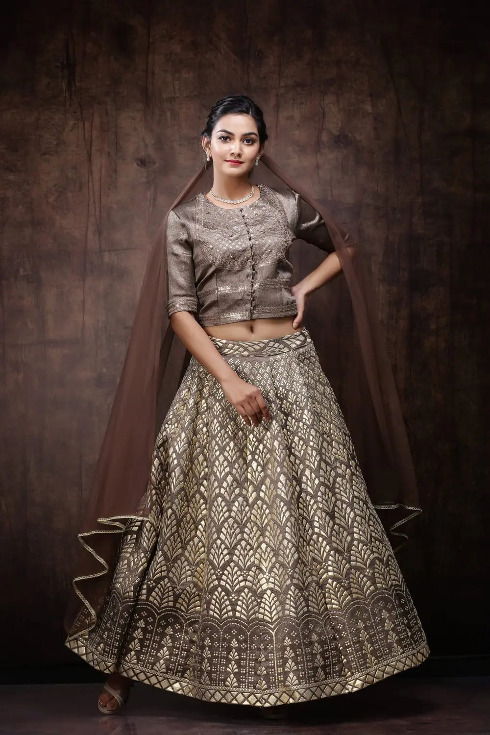 Juniper Brown Jute Jacquard Lehenga Choli Dupatta Set