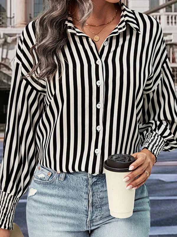 Women’s Stripe Shirt - Shirred Cuffs, Button Down Long Sleeve Top