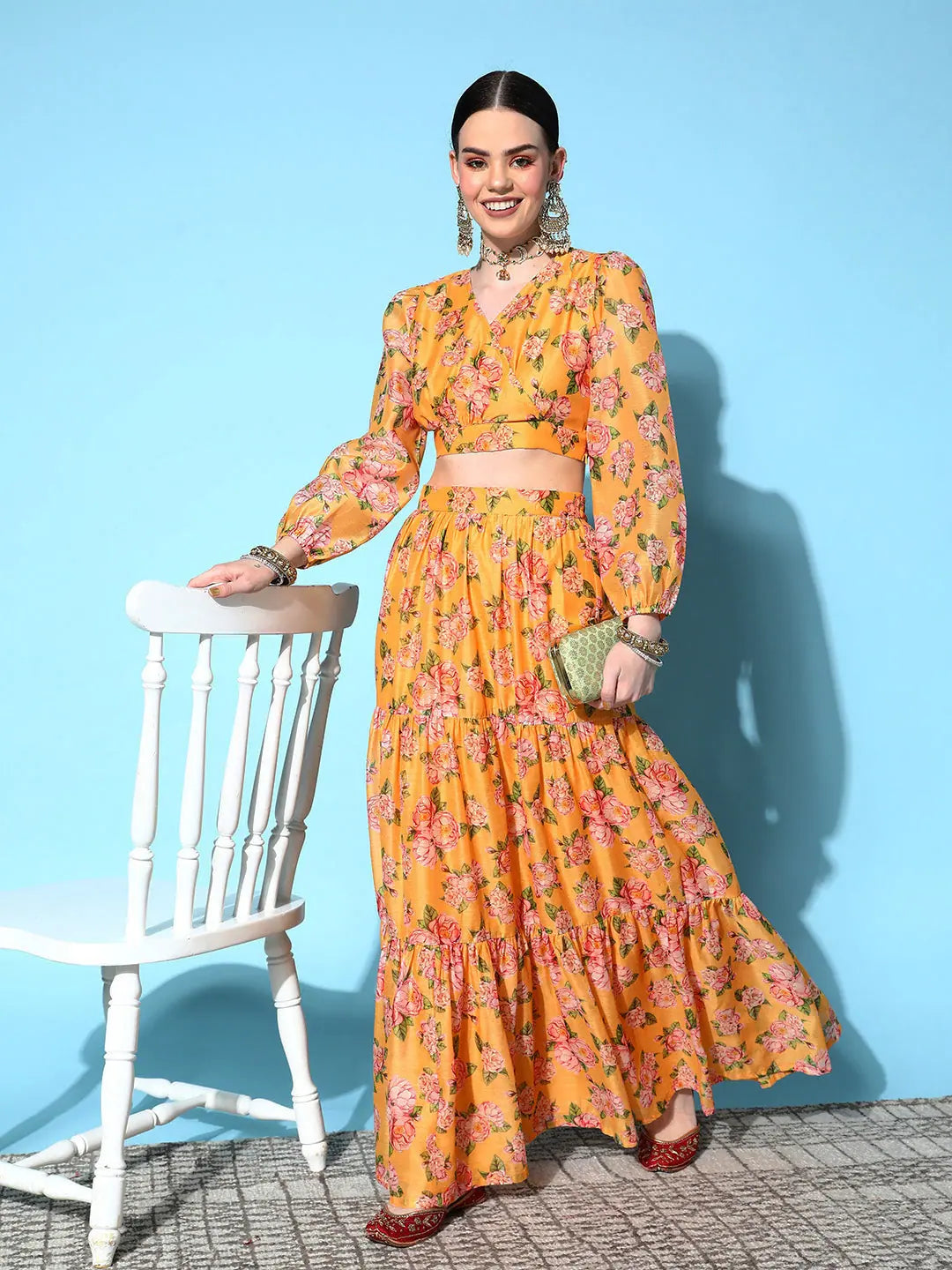 Women Yellow Floral Wrap Crop Top With Tiered Skirt