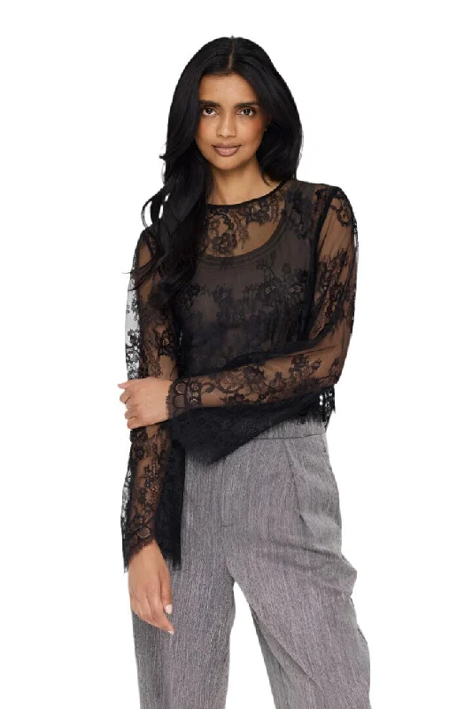 BLACK LACE SHEER LONG SLEEVE TOP