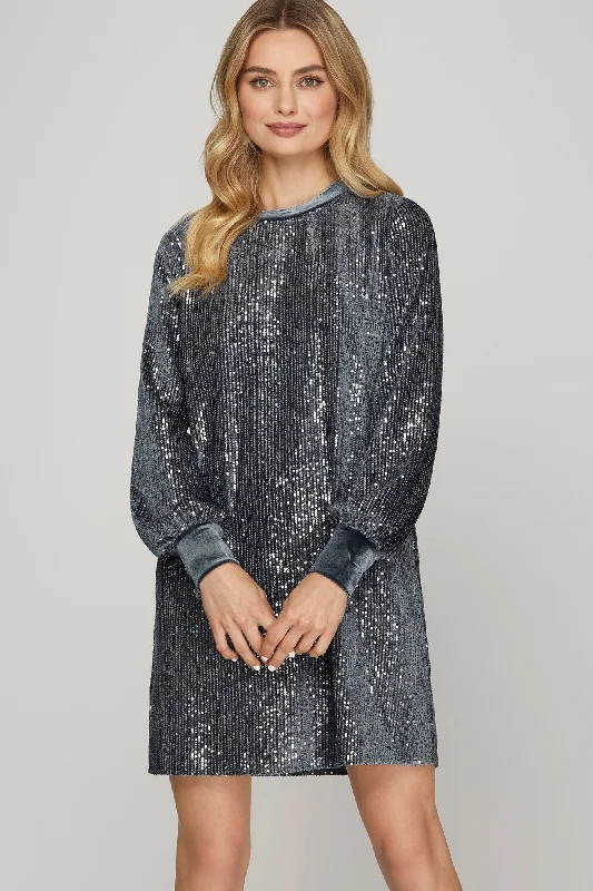 BLUE GREY SEQUIN ROUND NECK VELVET CONTRAST MINI DRESS SSY7835