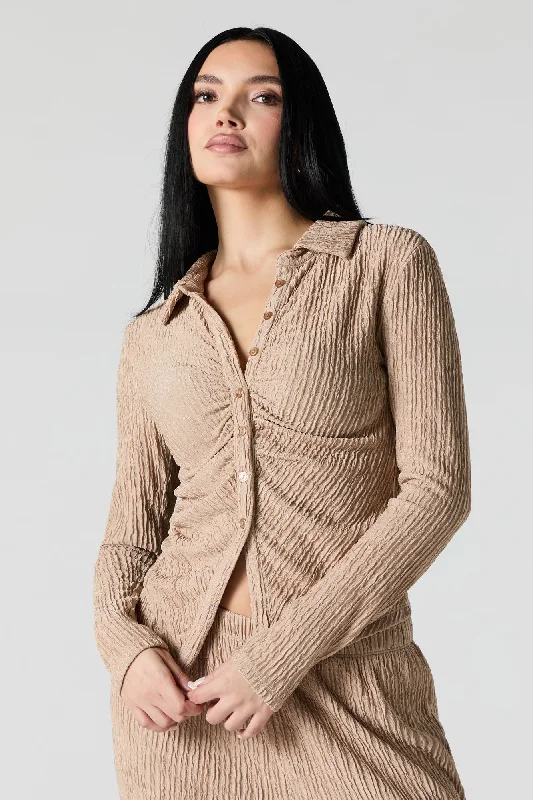 Textured Button Front Long Sleeve Top