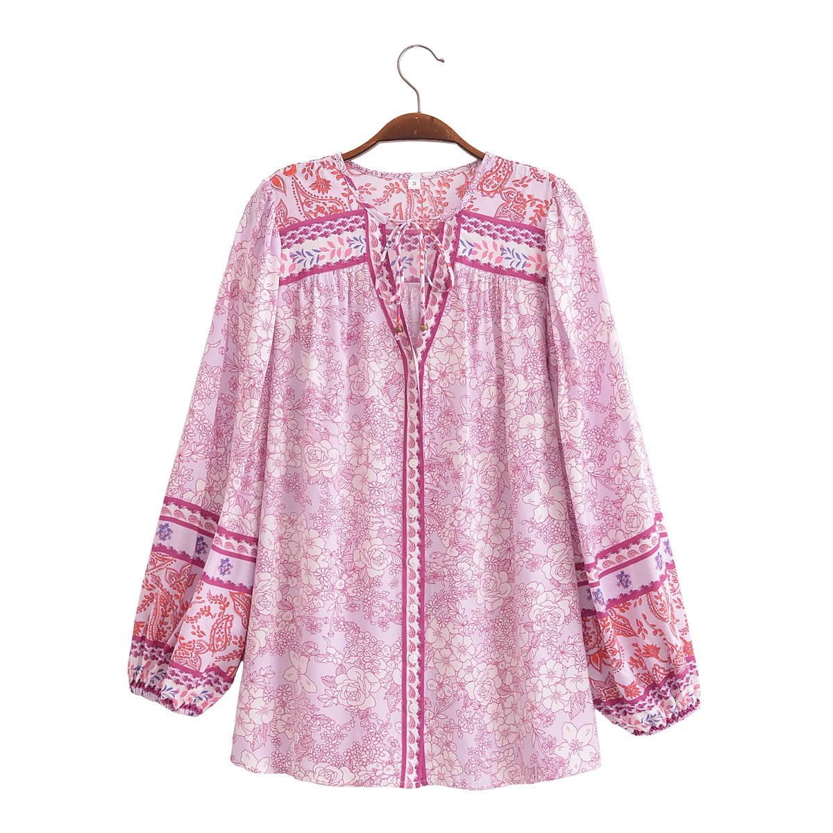 Serene Pink Boho Floral Print Long Sleeve Blouse