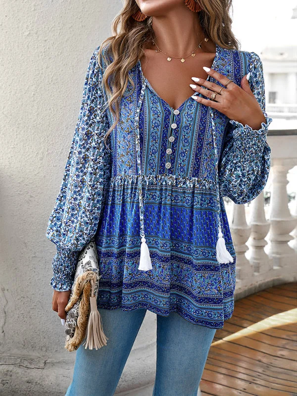 Spring Floral Print Flowy Blouse | Long Sleeve Tie-Front Top