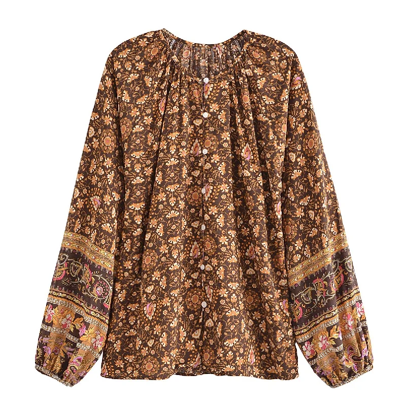 Espresso Brown Boho Floral Print Long Sleeve Blouse